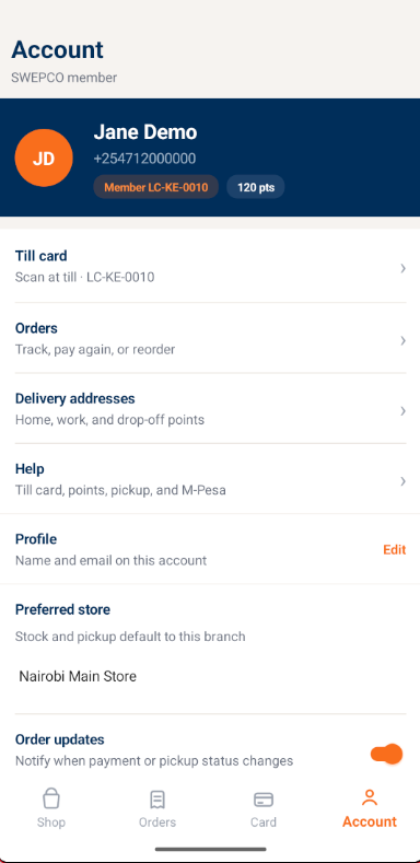 Customer App account screen with profile, preferred store and delivery addresses