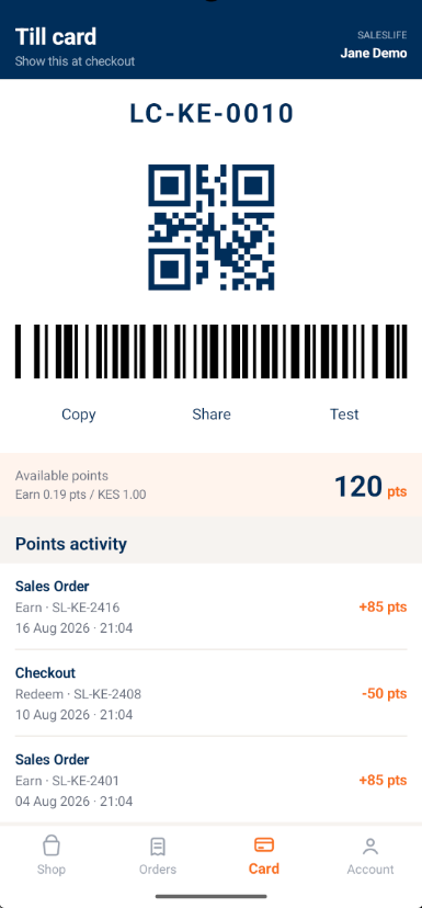 Customer App till card with a QR code, barcode and points activity