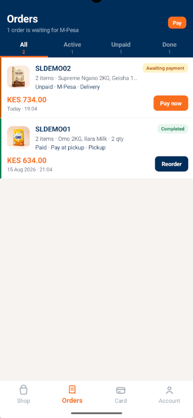 Customer App orders screen with active, unpaid and completed filters