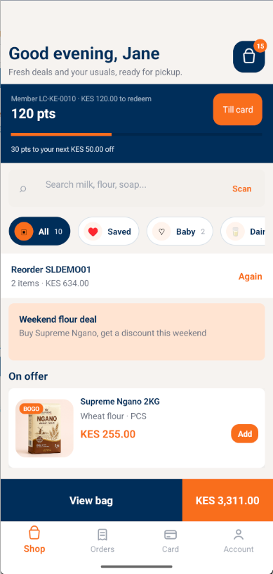Customer App home screen with a loyalty balance, search, offers and a bag total