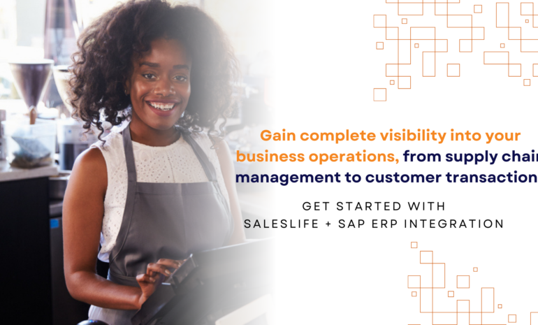 An infographic showing a cashier using SalesLife POS that has been seamlessly integrated with SAP for Retail.